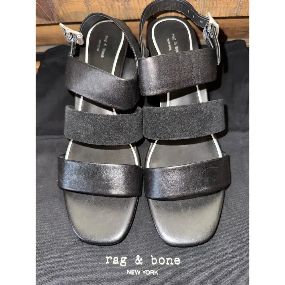 Rag & Bone Shoes Women's Size 40 Black Leather Block Heel Slingback Sandals - Picture 3 of 14